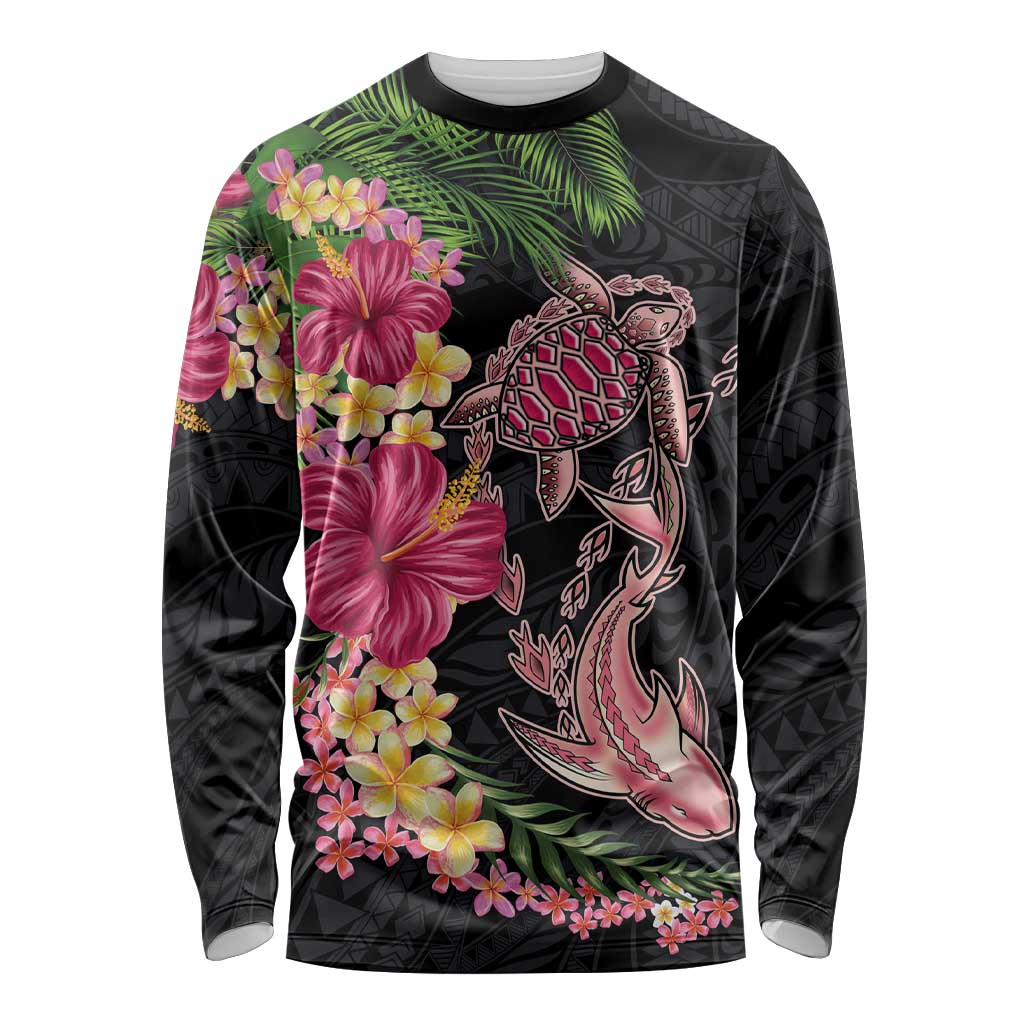 Hawaiian Tropical Plants Turtle and Shark Long Sleeve Shirt Polynesian Art Tattoo LT03 Unisex Black - Polynesian Pride