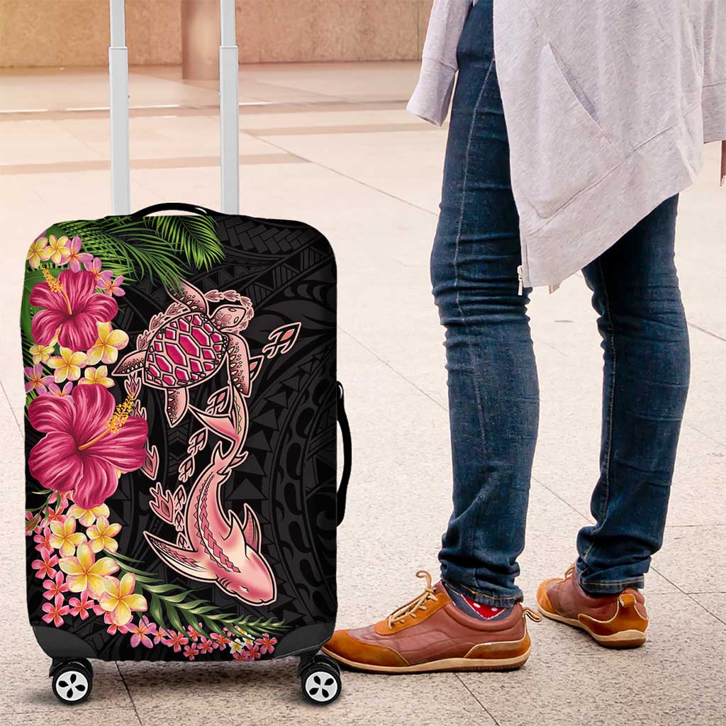 Hawaiian Tropical Plants Turtle and Shark Luggage Cover Polynesian Art Tattoo LT03 Black - Polynesian Pride