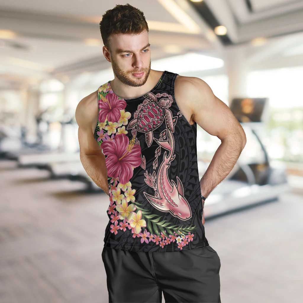Hawaiian Tropical Plants Turtle and Shark Men Tank Top Polynesian Art Tattoo LT03 Black - Polynesian Pride