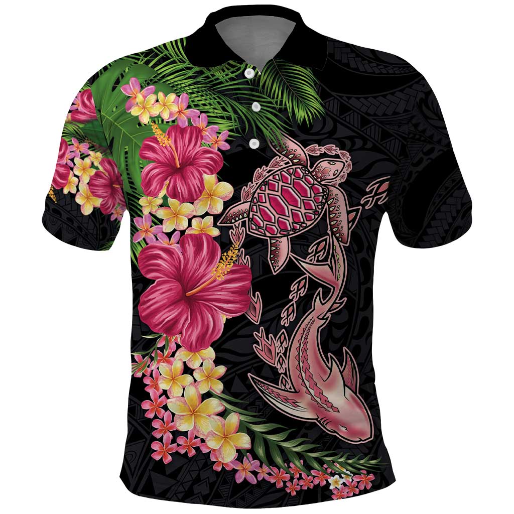 Hawaiian Tropical Plants Turtle and Shark Polo Shirt Polynesian Art Tattoo LT03 Black - Polynesian Pride