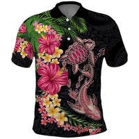 Hawaiian Tropical Plants Turtle and Shark Polo Shirt Polynesian Art Tattoo LT03 Black - Polynesian Pride