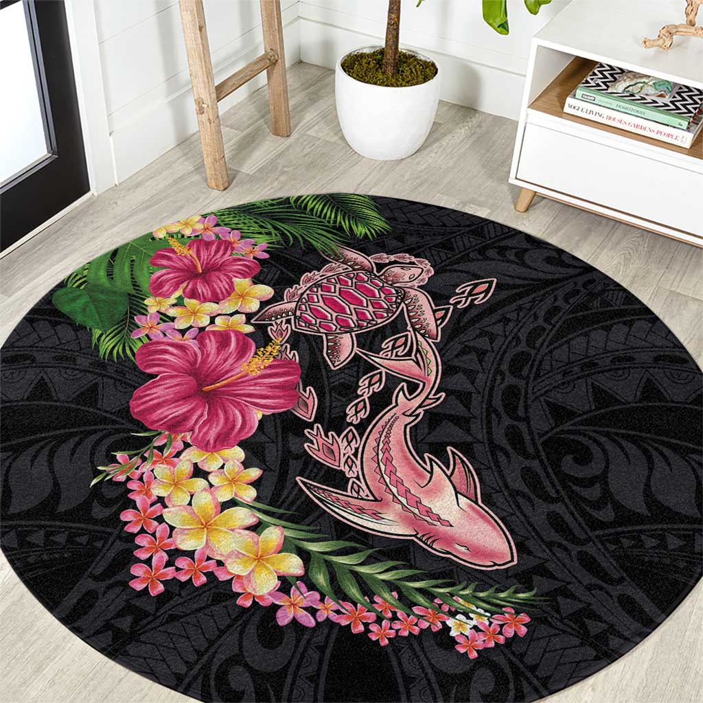 Hawaiian Tropical Plants Turtle and Shark Round Carpet Polynesian Art Tattoo LT03 Black - Polynesian Pride