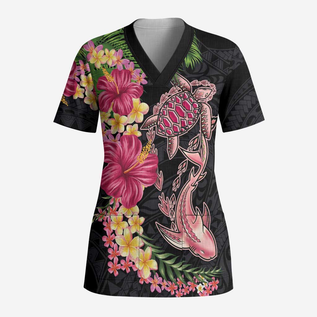 Hawaiian Tropical Plants Turtle and Shark Scrub Top Polynesian Art Tattoo LT03 Adult Black - Polynesian Pride