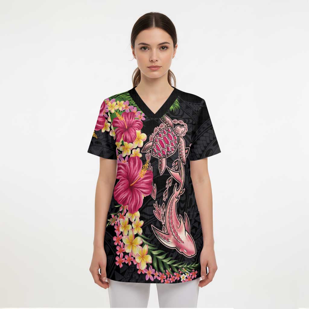 Hawaiian Tropical Plants Turtle and Shark Scrub Top Polynesian Art Tattoo LT03 - Polynesian Pride
