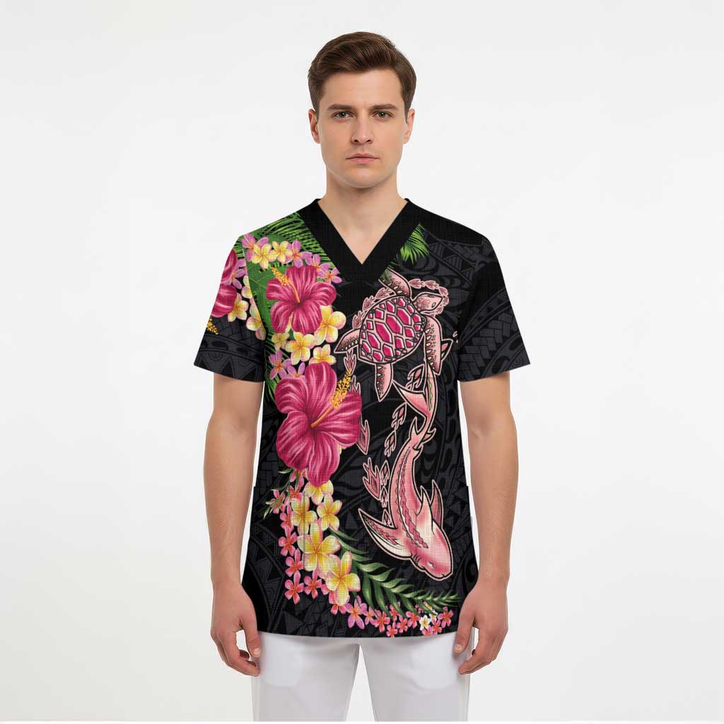 Hawaiian Tropical Plants Turtle and Shark Scrub Top Polynesian Art Tattoo LT03 - Polynesian Pride
