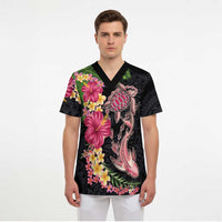 Hawaiian Tropical Plants Turtle and Shark Scrub Top Polynesian Art Tattoo LT03 - Polynesian Pride
