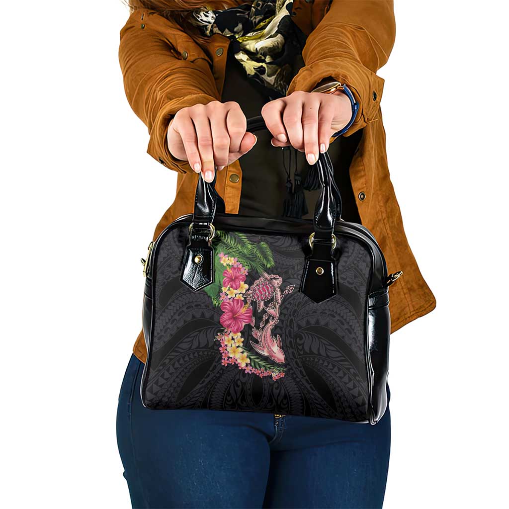 Hawaiian Tropical Plants Turtle and Shark Shoulder Handbag Polynesian Art Tattoo LT03 One Size Black - Polynesian Pride
