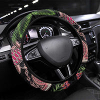 Hawaiian Tropical Plants Turtle and Shark Steering Wheel Cover Polynesian Art Tattoo LT03 Universal Fit Black - Polynesian Pride