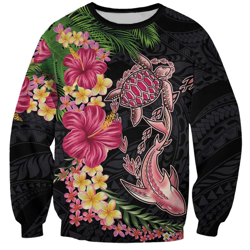 Hawaiian Tropical Plants Turtle and Shark Sweatshirt Polynesian Art Tattoo LT03 Unisex Black - Polynesian Pride