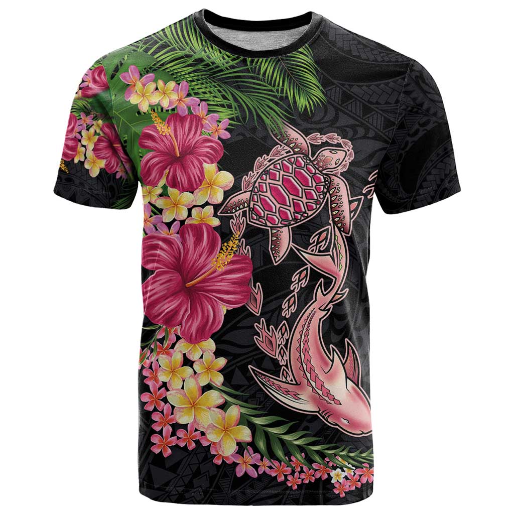 Hawaiian Tropical Plants Turtle and Shark T Shirt Polynesian Art Tattoo LT03 Black - Polynesian Pride