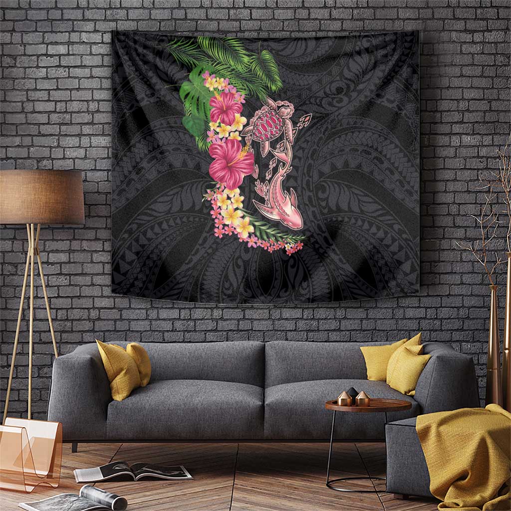 Hawaiian Tropical Plants Turtle and Shark Tapestry Polynesian Art Tattoo LT03 Black - Polynesian Pride