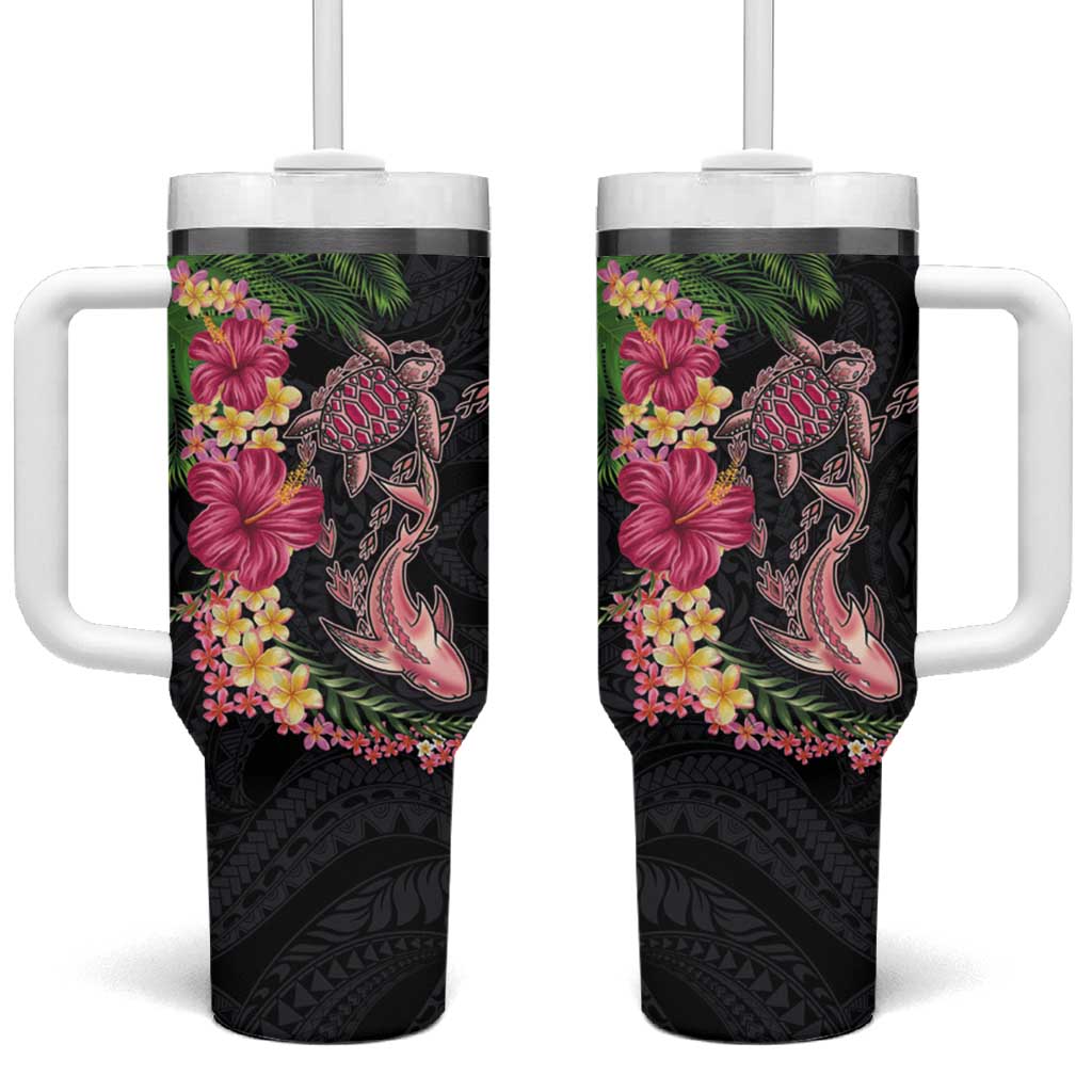 Hawaiian Tropical Plants Turtle and Shark Tumbler With Handle Polynesian Art Tattoo LT03 One Size: 40 oz Black - Polynesian Pride