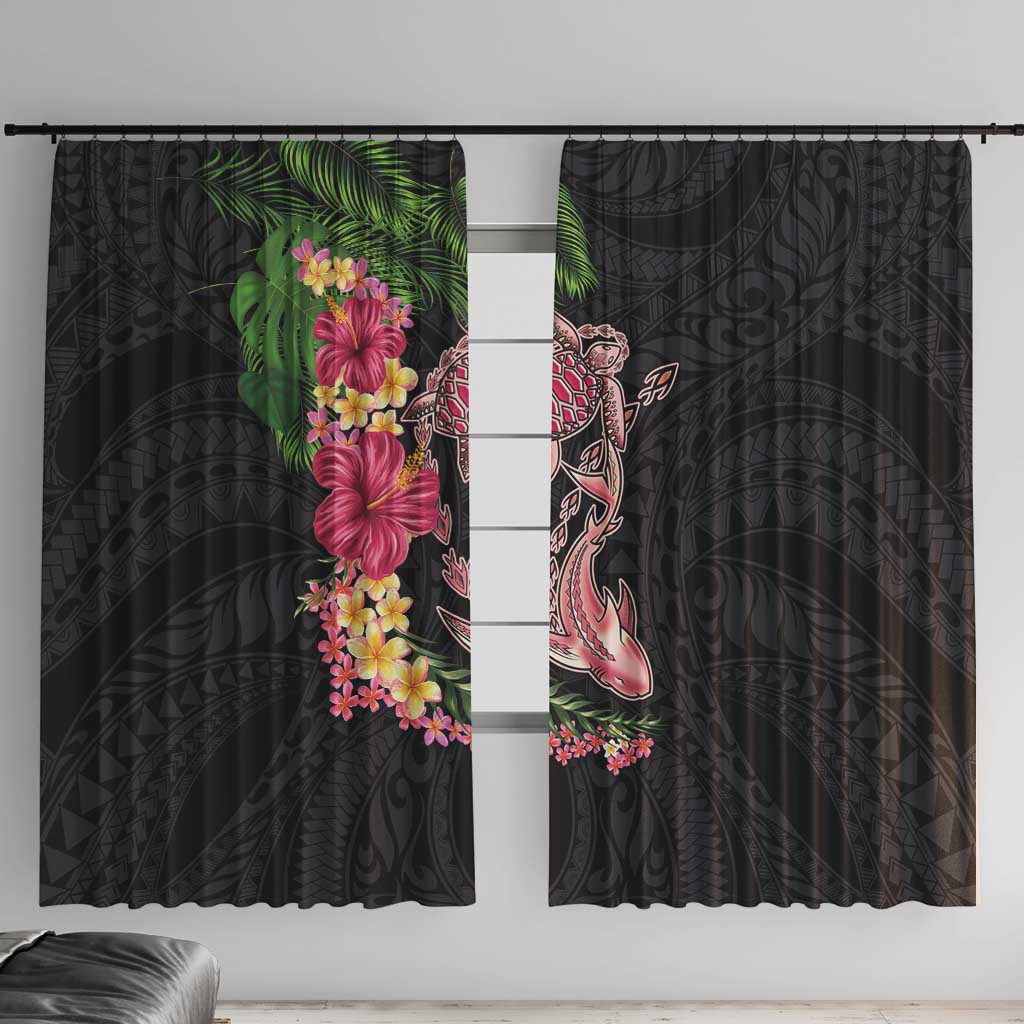 Hawaiian Tropical Plants Turtle and Shark Window Curtain Polynesian Art Tattoo LT03 With Hooks Black - Polynesian Pride