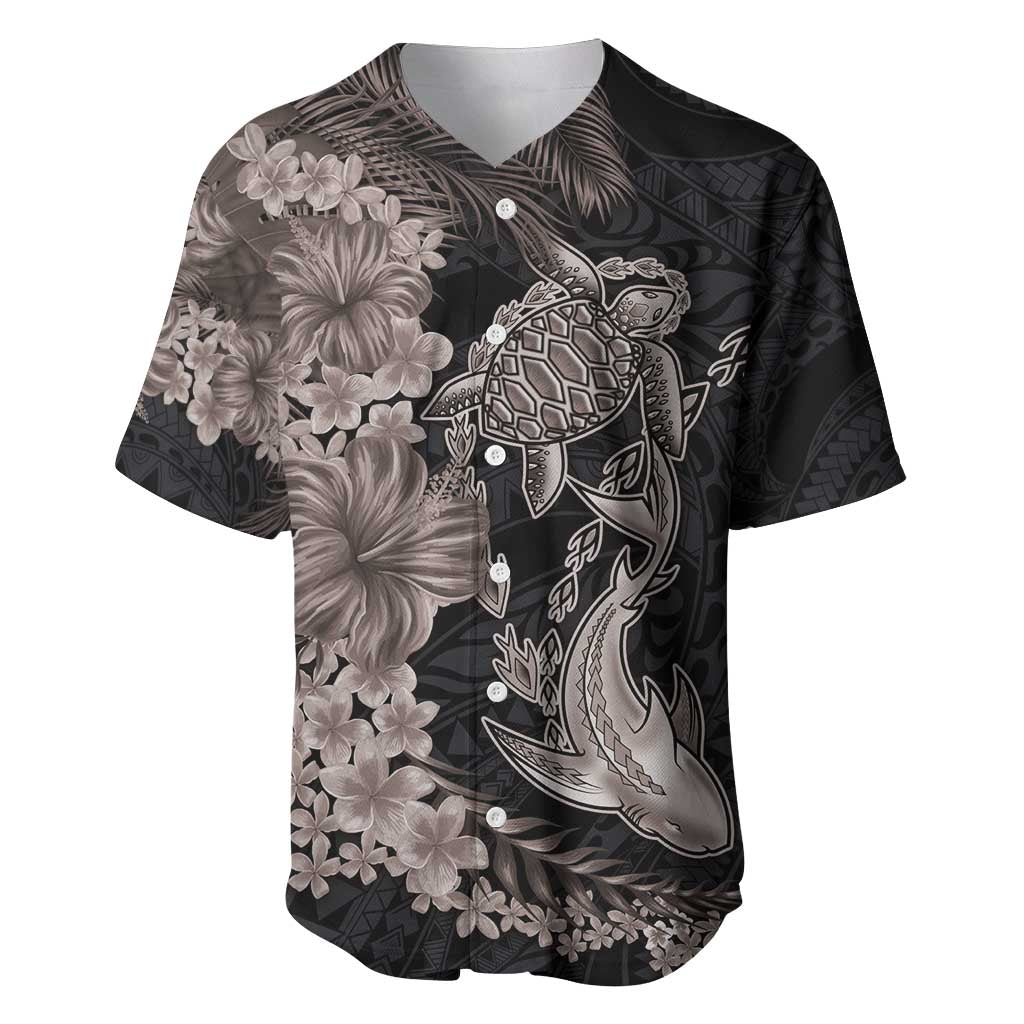 Hawaiian Tropical Plants Turtle and Shark Baseball Jersey Polynesian Art Tattoo Grayscale Color LT03 Black - Polynesian Pride
