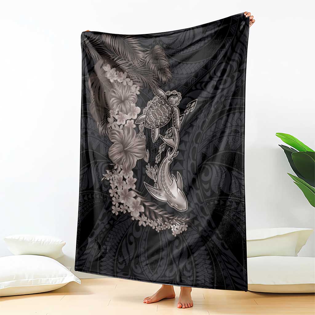 Hawaiian Tropical Plants Turtle and Shark Blanket Polynesian Art Tattoo Grayscale Color LT03 - Polynesian Pride
