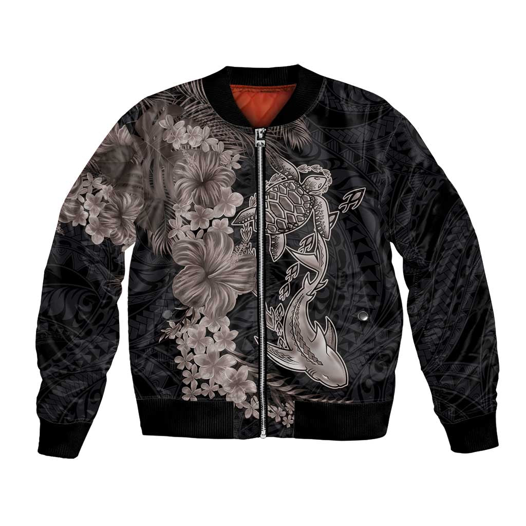 Hawaiian Tropical Plants Turtle and Shark Bomber Jacket Polynesian Art Tattoo Grayscale Color LT03 Unisex Black - Polynesian Pride