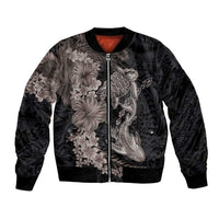Hawaiian Tropical Plants Turtle and Shark Bomber Jacket Polynesian Art Tattoo Grayscale Color LT03 Unisex Black - Polynesian Pride