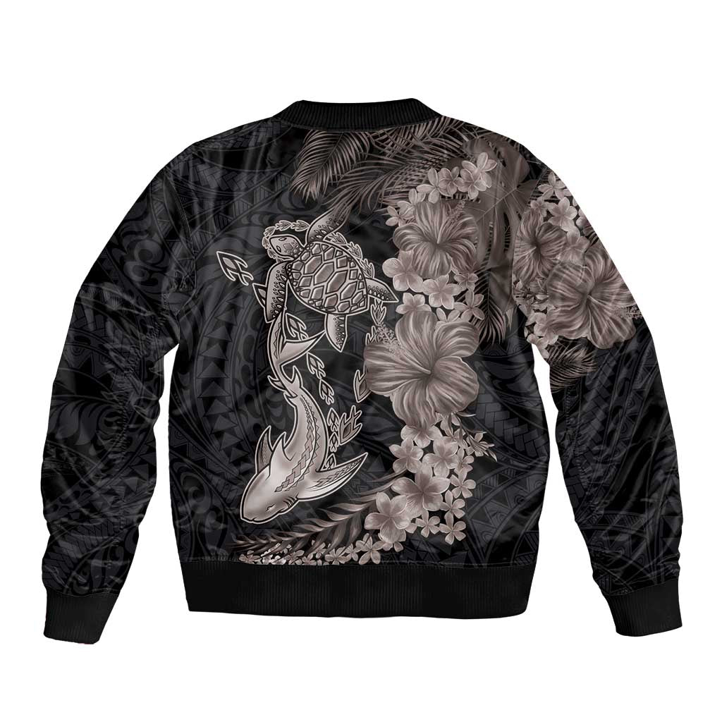 Hawaiian Tropical Plants Turtle and Shark Bomber Jacket Polynesian Art Tattoo Grayscale Color LT03 - Polynesian Pride