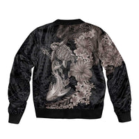 Hawaiian Tropical Plants Turtle and Shark Bomber Jacket Polynesian Art Tattoo Grayscale Color LT03 - Polynesian Pride