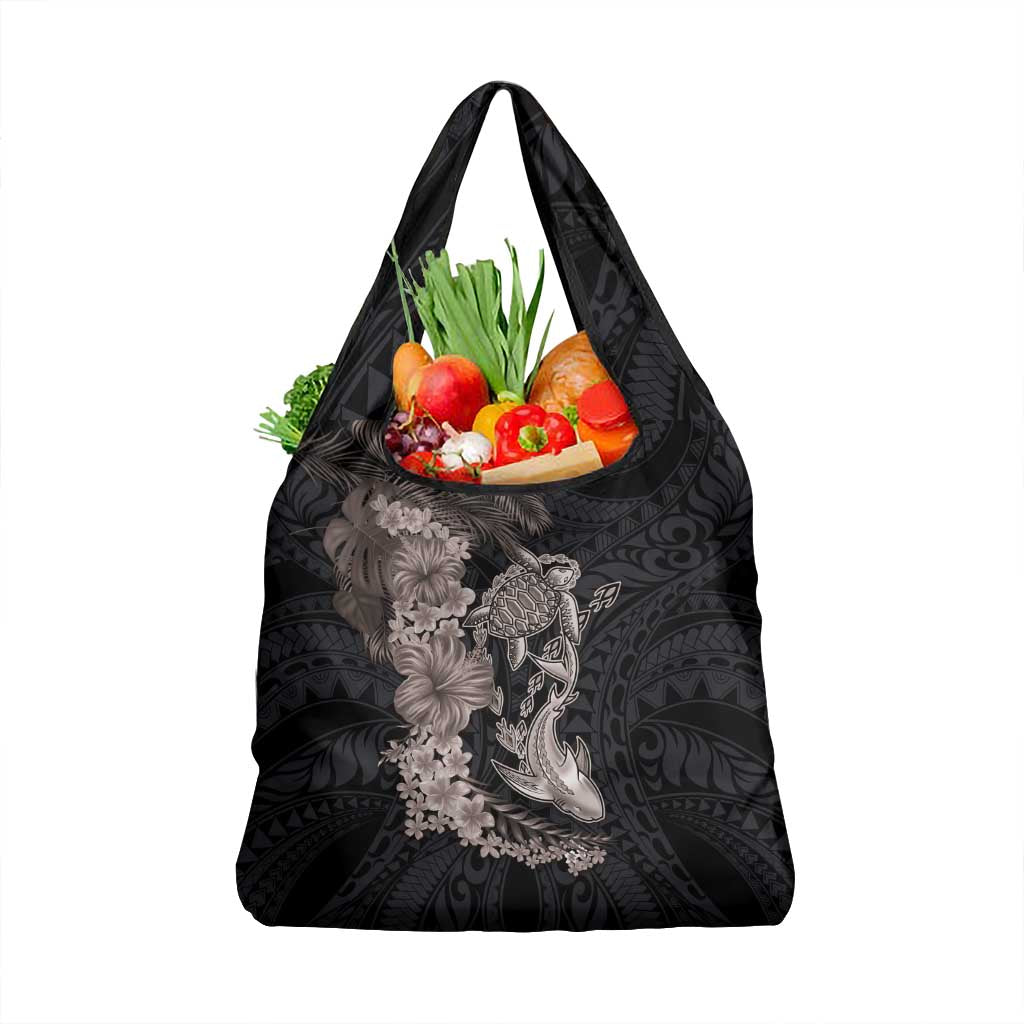 Hawaiian Tropical Plants Turtle and Shark Grocery Bag Polynesian Art Tattoo Grayscale Color LT03 1-pack One Size Black - Polynesian Pride