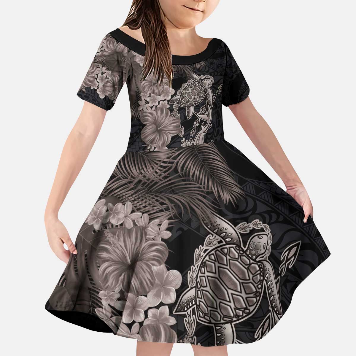 Hawaiian Tropical Plants Turtle and Shark Kid Short Sleeve Dress Polynesian Art Tattoo Grayscale Color LT03 KID Black - Polynesian Pride