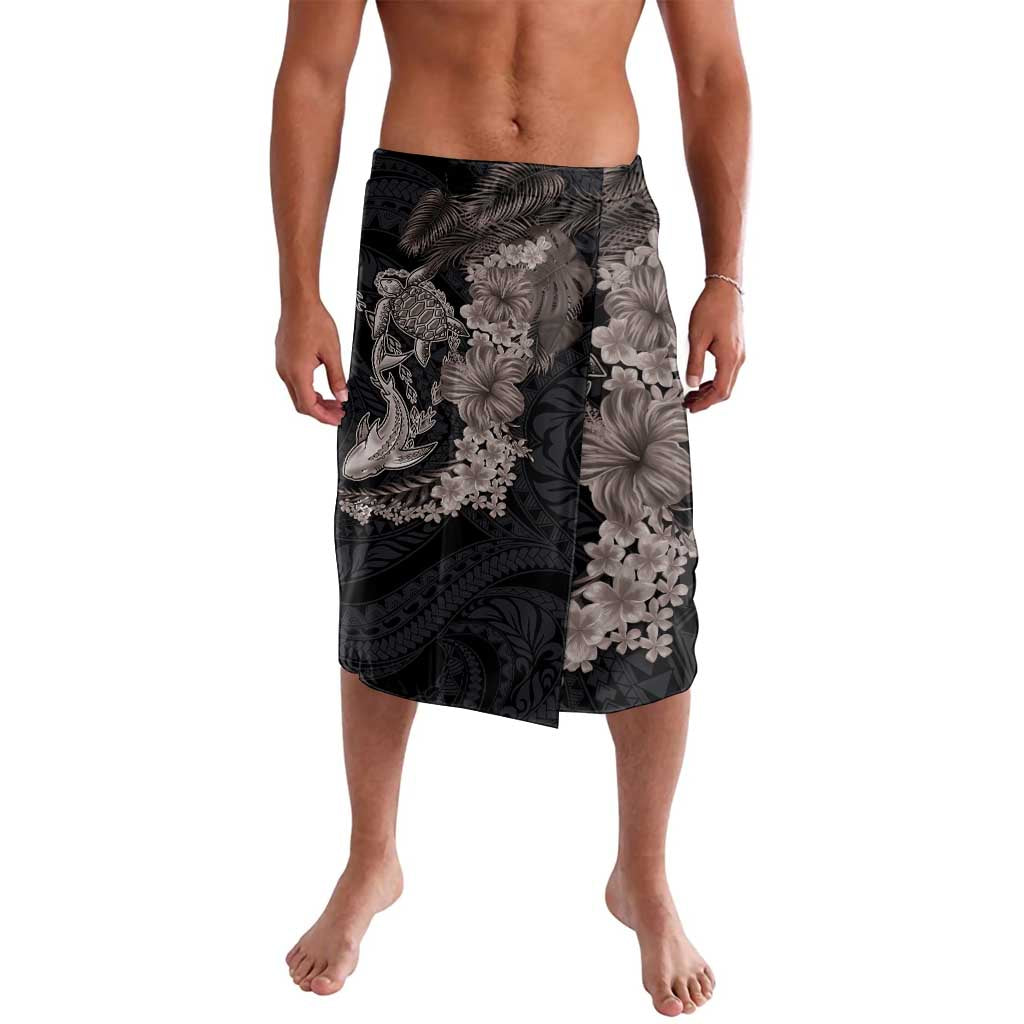 Hawaiian Tropical Plants Turtle and Shark Lavalava Polynesian Art Tattoo Grayscale Color LT03 Black - Polynesian Pride