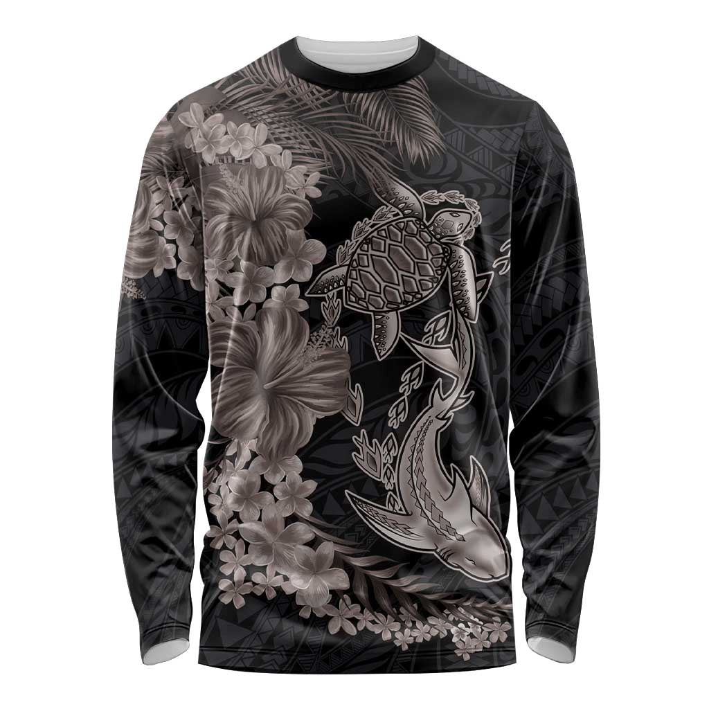 Hawaiian Tropical Plants Turtle and Shark Long Sleeve Shirt Polynesian Art Tattoo Grayscale Color LT03 Unisex Black - Polynesian Pride