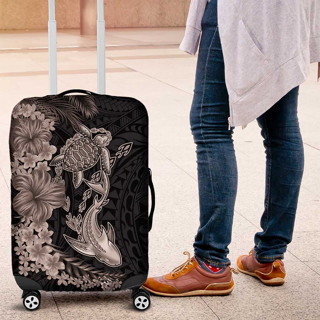 Hawaiian Tropical Plants Turtle and Shark Luggage Cover Polynesian Art Tattoo Grayscale Color LT03 Black - Polynesian Pride