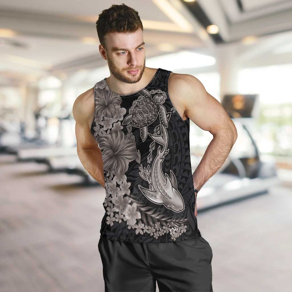 Hawaiian Tropical Plants Turtle and Shark Men Tank Top Polynesian Art Tattoo Grayscale Color LT03 Black - Polynesian Pride