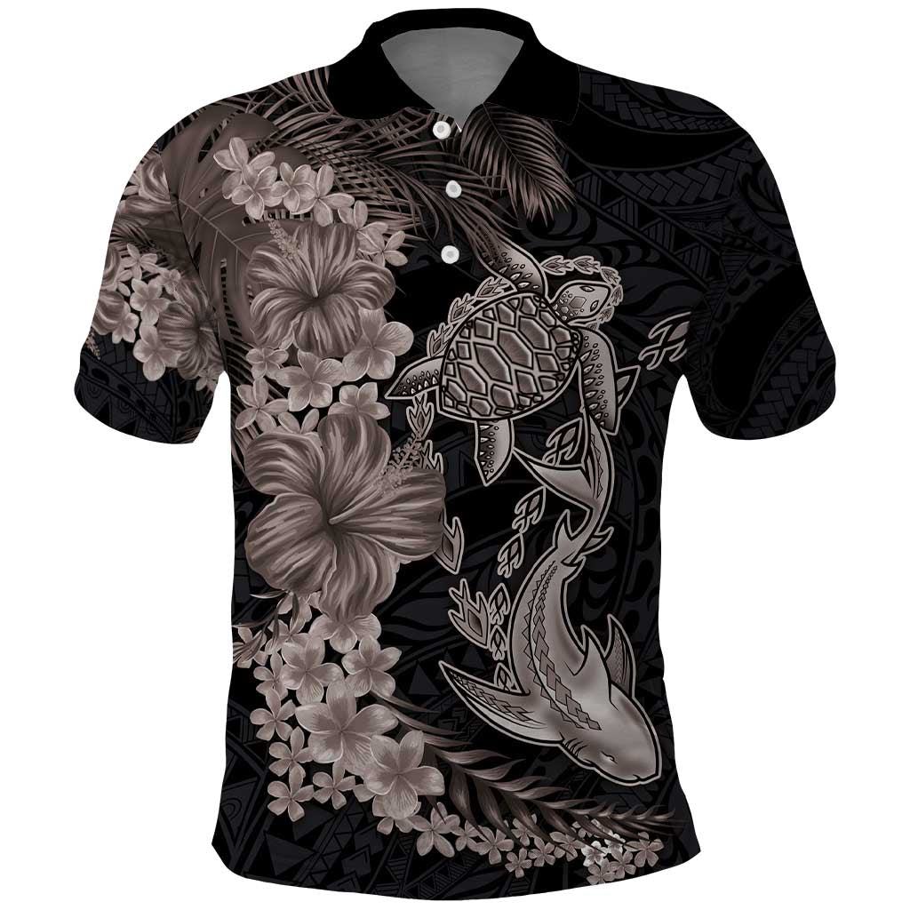 Hawaiian Tropical Plants Turtle and Shark Polo Shirt Polynesian Art Tattoo Grayscale Color LT03 Black - Polynesian Pride