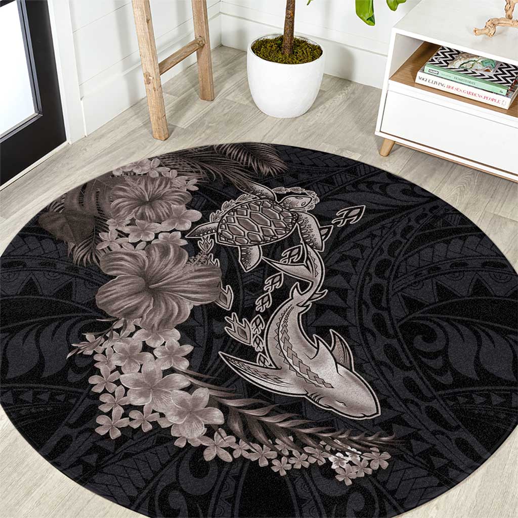 Hawaiian Tropical Plants Turtle and Shark Round Carpet Polynesian Art Tattoo Grayscale Color LT03 Black - Polynesian Pride