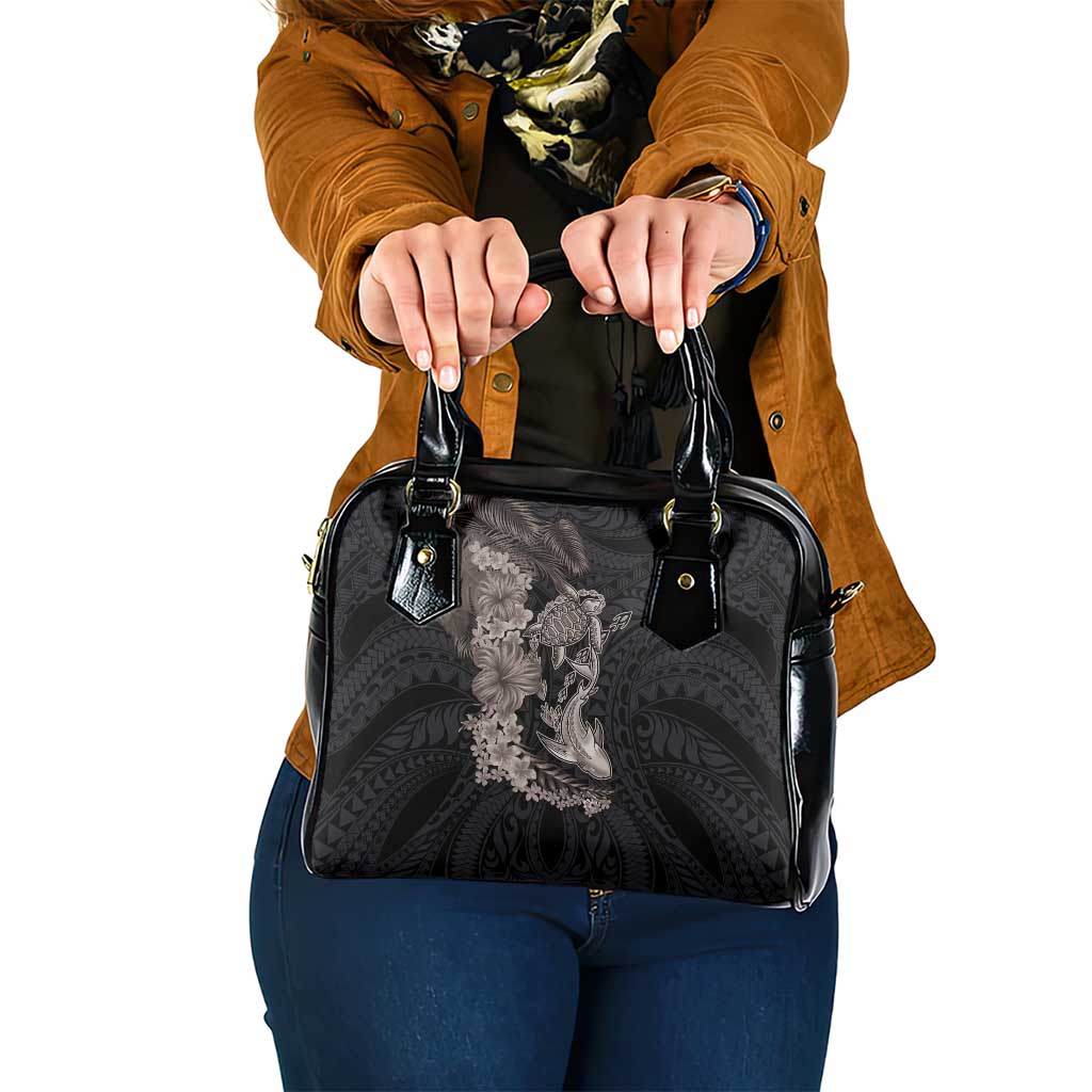 Hawaiian Tropical Plants Turtle and Shark Shoulder Handbag Polynesian Art Tattoo Grayscale Color LT03 One Size Black - Polynesian Pride