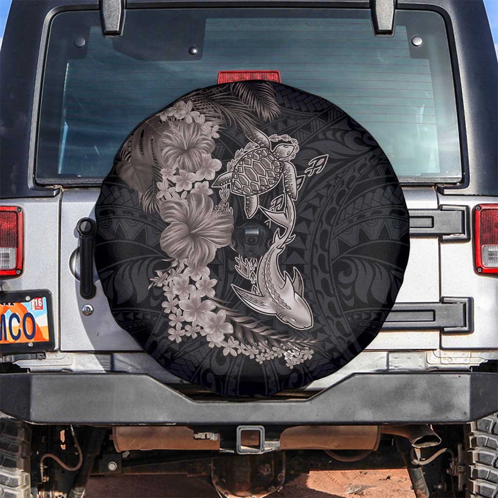 Hawaiian Tropical Plants Turtle and Shark Spare Tire Cover Polynesian Art Tattoo Grayscale Color LT03 Black - Polynesian Pride