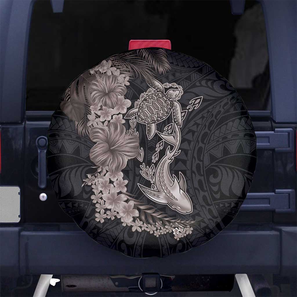 Hawaiian Tropical Plants Turtle and Shark Spare Tire Cover Polynesian Art Tattoo Grayscale Color LT03 No hole Black - Polynesian Pride