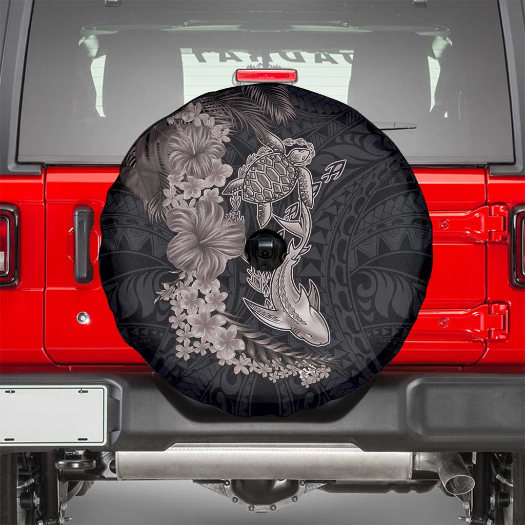 Hawaiian Tropical Plants Turtle and Shark Spare Tire Cover Polynesian Art Tattoo Grayscale Color LT03 - Polynesian Pride