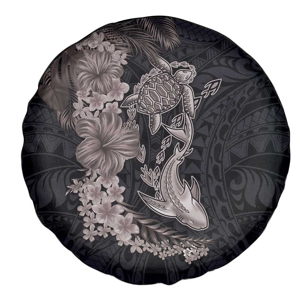 Hawaiian Tropical Plants Turtle and Shark Spare Tire Cover Polynesian Art Tattoo Grayscale Color LT03 - Polynesian Pride