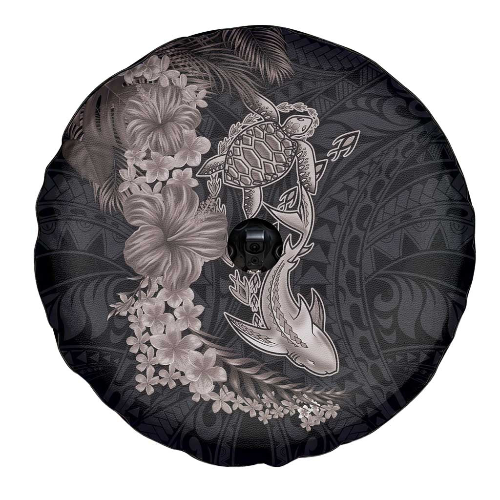 Hawaiian Tropical Plants Turtle and Shark Spare Tire Cover Polynesian Art Tattoo Grayscale Color LT03 - Polynesian Pride