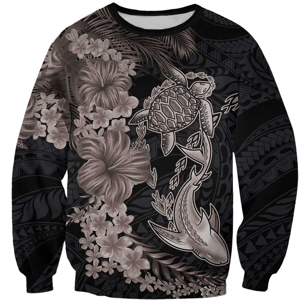 Hawaiian Tropical Plants Turtle and Shark Sweatshirt Polynesian Art Tattoo Grayscale Color LT03 Unisex Black - Polynesian Pride