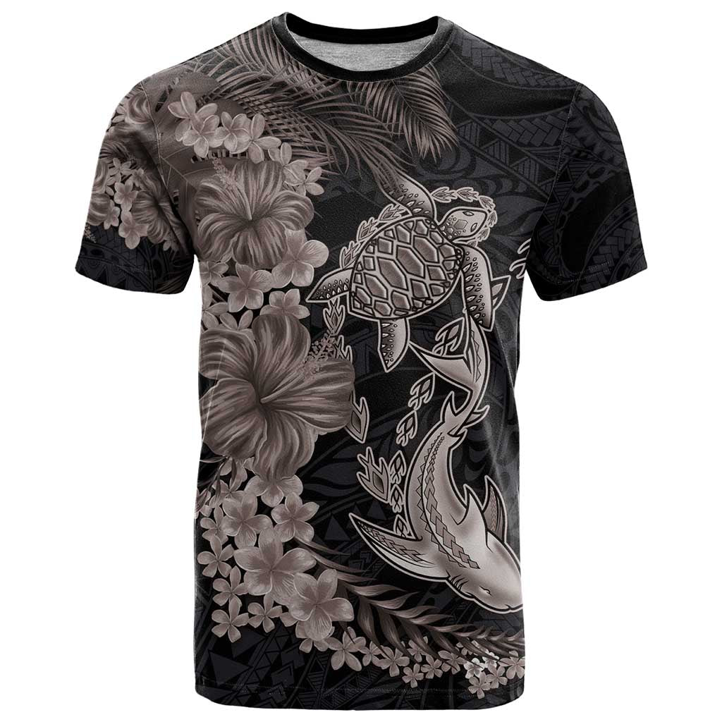 Hawaiian Tropical Plants Turtle and Shark T Shirt Polynesian Art Tattoo Grayscale Color LT03 Black - Polynesian Pride