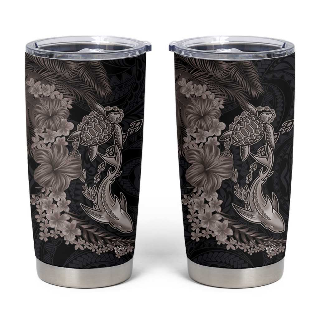 Hawaiian Tropical Plants Turtle and Shark Tumbler Cup Polynesian Art Tattoo Grayscale Color LT03 Black - Polynesian Pride