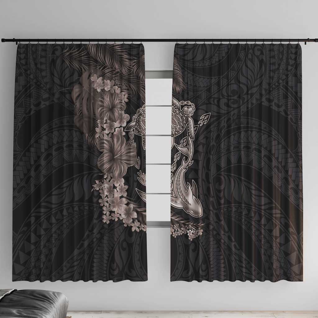 Hawaiian Tropical Plants Turtle and Shark Window Curtain Polynesian Art Tattoo Grayscale Color LT03 With Hooks Black - Polynesian Pride