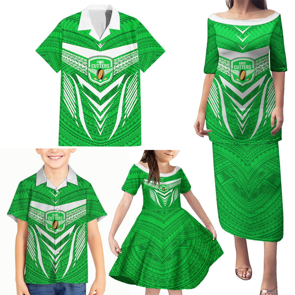 Kimbe Cutters Rugby Family Matching Puletasi Dress and Hawaiian Shirt Papua New Guinea Polynesian Tattoo Green Version LT03 - Polynesian Pride