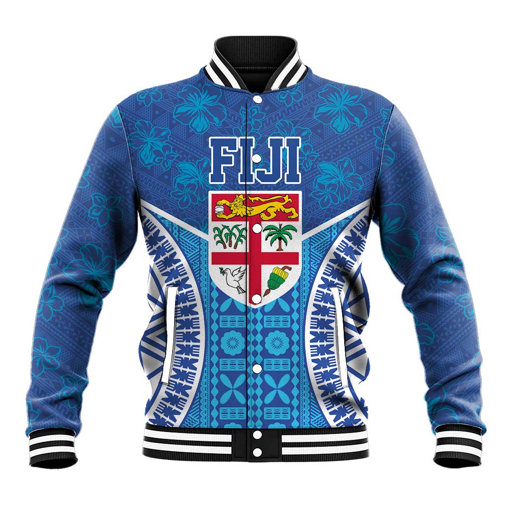 Fiji Day Baseball Jacket Fijian Masi Tribal Hibiscus Tattoo and Tapa Pattern LT03 Unisex Blue - Polynesian Pride