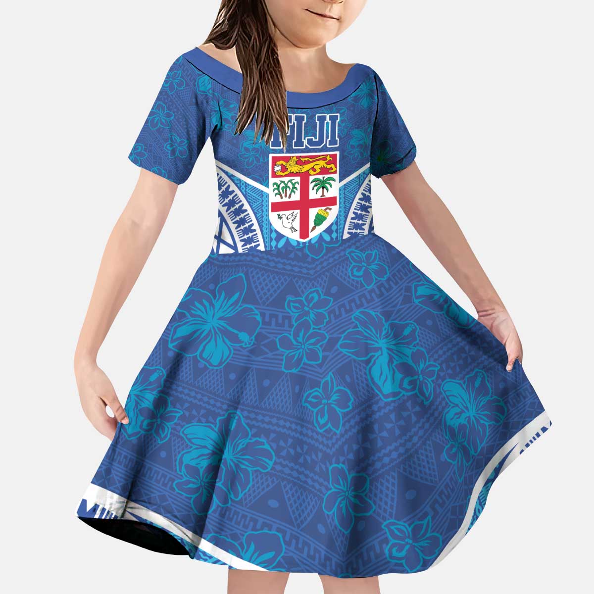 Fiji Day Kid Short Sleeve Dress Fijian Masi Tribal Hibiscus Tattoo and Tapa Pattern LT03 KID Blue - Polynesian Pride
