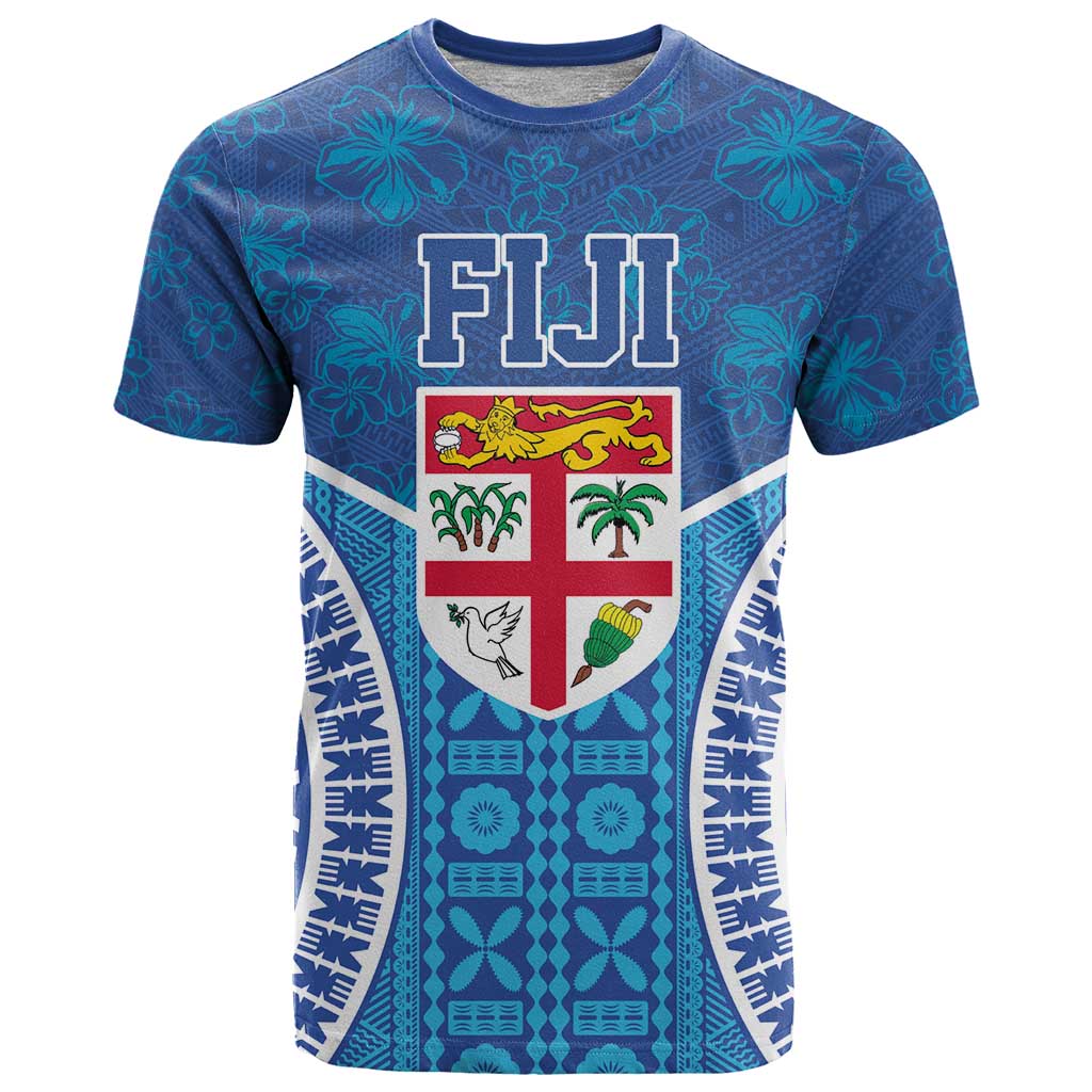 Fiji Day T Shirt Fijian Masi Tribal Hibiscus Tattoo and Tapa Pattern LT03 Blue - Polynesian Pride