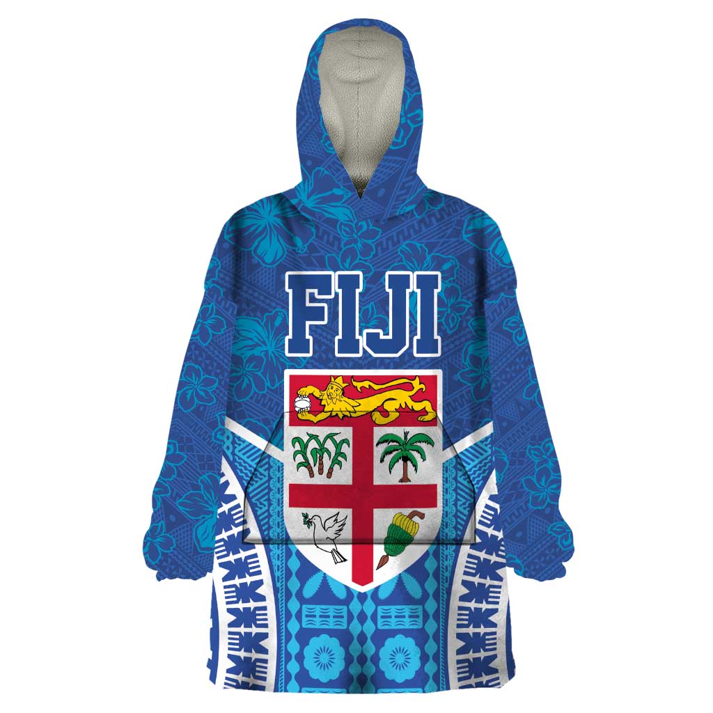 Fiji Day Wearable Blanket Hoodie Fijian Masi Tribal Hibiscus Tattoo and Tapa Pattern LT03 One Size Blue - Polynesian Pride