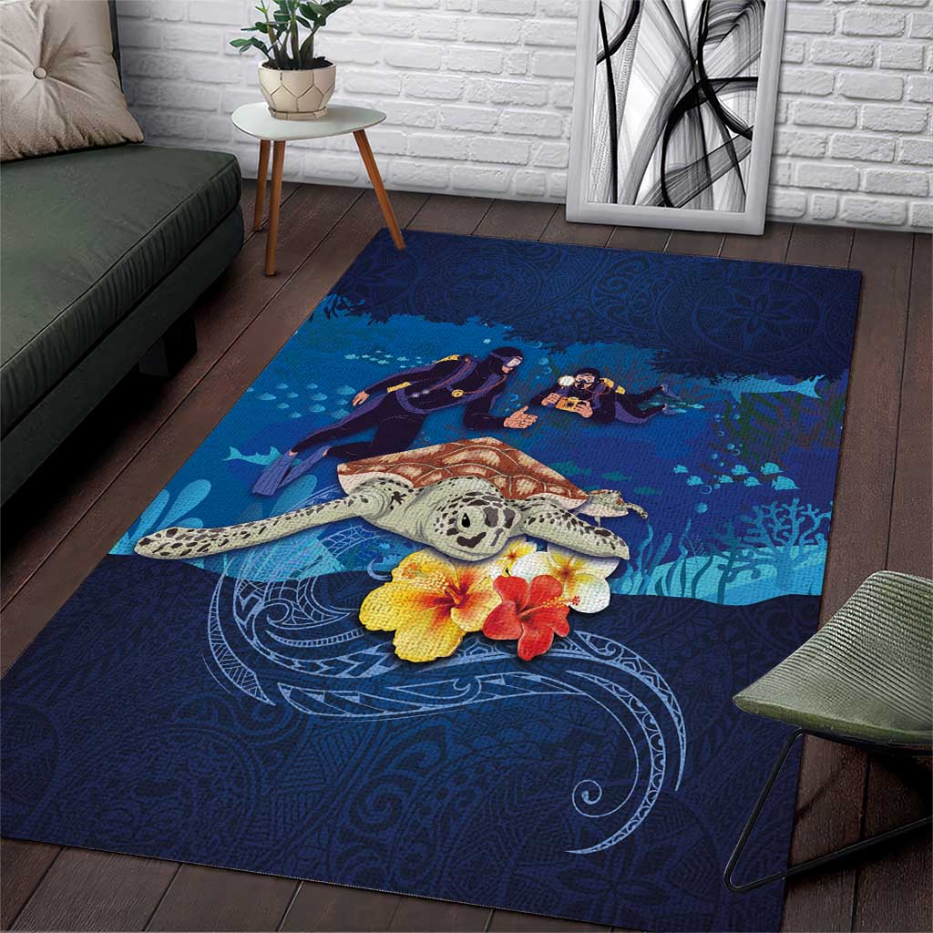 Polynesian Scuba Diving Area Rug Honu with Hibiscus and Plumeria Flower and Tapa Tribal Pattern