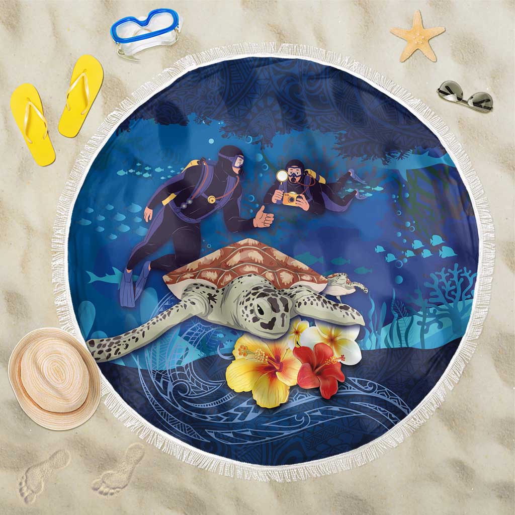 Polynesian Scuba Diving Beach Blanket Honu with Hibiscus and Plumeria Flower and Tapa Tribal Pattern LT03 One Size 150cm Blue - Polynesian Pride