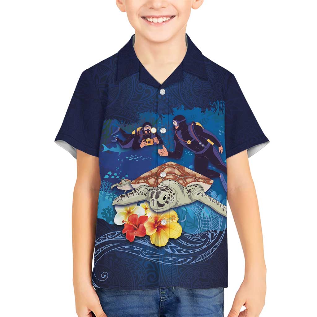 Polynesian Scuba Diving Kid Hawaiian Shirt Honu with Hibiscus and Plumeria Flower and Tapa Tribal Pattern LT03 Kid Blue - Polynesian Pride