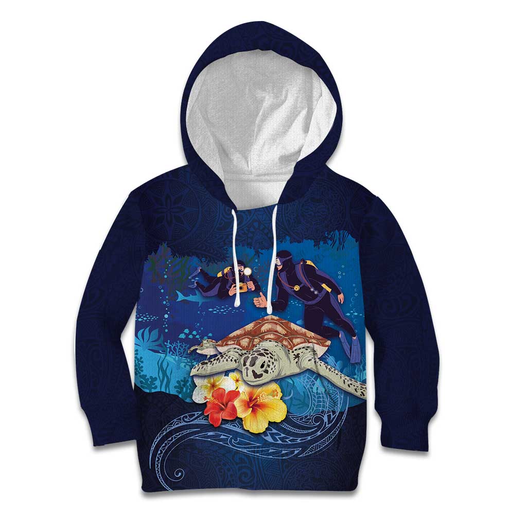 Polynesian Scuba Diving Kid Hoodie Honu with Hibiscus and Plumeria Flower and Tapa Tribal Pattern LT03 Hoodie Blue - Polynesian Pride